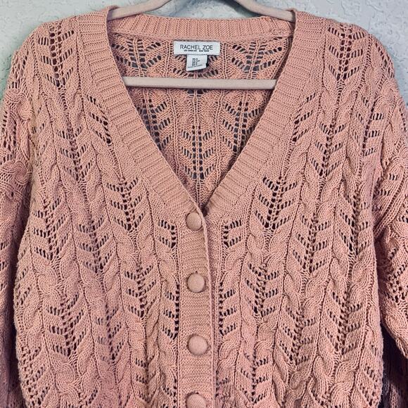 RACHEL ZOE Cardigan Sweater V-Neck Knit Crocheted 3 Button Pale Pink Ribbed Cuff - Picture 4 of 12